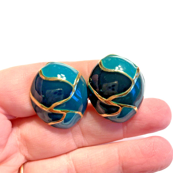 Vintage 80’s Clip On Earrings Chunky Fashion Gold & Teal Green Enamel Oval Domes - Picture 5 of 7